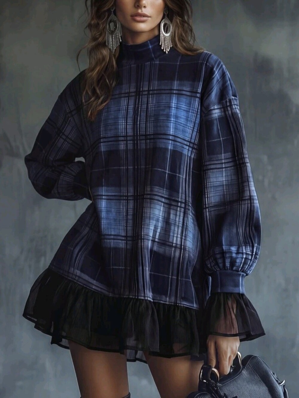 Women's Casual Mini Dress Plaid Dress Vintage Romantic - Picture 5 of 8